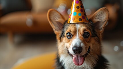 corgi dog with party hat - obrazy, fototapety, plakaty