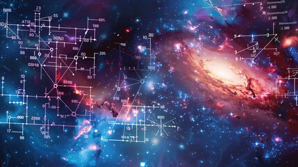 Mathematical and physical formulas set against a galaxy background, themed around space and science education