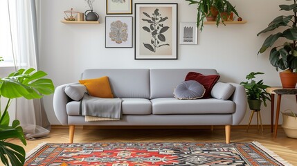 Posters above grey settee in bright living room interior with plants and patterned carpet