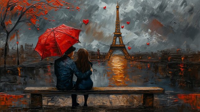two lovers under red umbrella in Paris