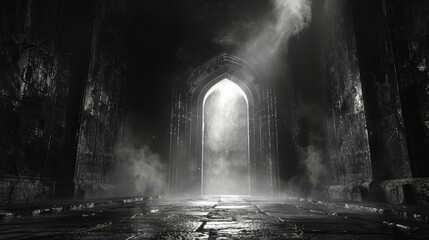 Mysterious medieval castle entrance with illuminated gothic doors on a foggy night - obrazy, fototapety, plakaty
