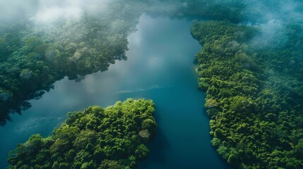 An aerial view of a lush tropical rainforest with a winding river shrouded in morning mist, showcasing the beauty and tranquility of untouched nature.