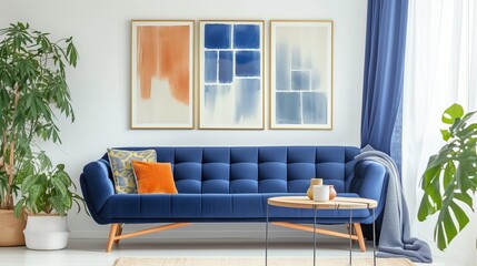 bright living room interior with royal blue couch, window with curtains and fresh plants