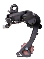Rear derailleur for changing gear on a bicycle on an isolated background.