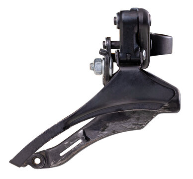 Front derailleur for shifting on a bicycle on an isolated background.