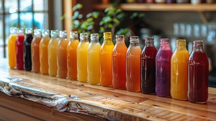 Row of Glass Bottles Filled With Different Colored Drinks