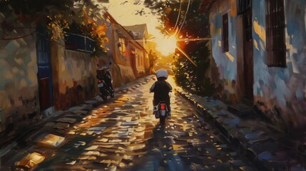 This painting captures carefree youth as a child rides a scooter through an alley lit by the evening sun.