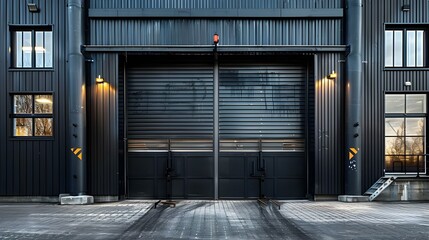 Modern Industrial Warehouse Entrance with Shutters. Concept Warehouse Exterior, Industrial Design, Shutters, Modern Entrance, Urban Architecture