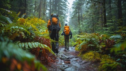 Obraz premium People Hiking Through Forest