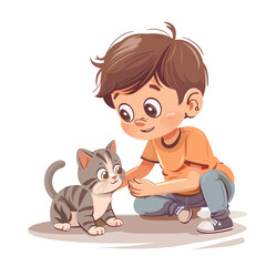 Little boy playing with a cat. Vector illustration in cartoon style.