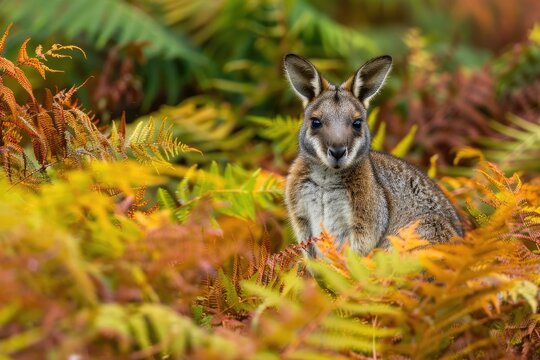 Cute and Colorful Red-Necked Wallaby in Tasmania's Narawntapu National Park Amidst Bracken Ferns and Beautiful Wildlife of Australia