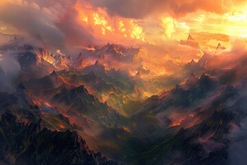 Captures the Splendor of Mountains Bathed in Soft Morning Light with a Dramatic Orange Sky View