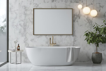 Luxurious bathroom with mockup frame. An opulent bathroom setup with marble elements and a mockup frame, suitable for luxury home marketing and design showcases.