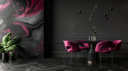Viva magenta color dining room. Black  table and colorful carmine red crimson chairs. Empty dark paint wall blank for art, frame or decor. Modern interior with trendy accents. 3d render 