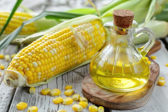 Freshly Harvested Sweet Corn Oil on Rustic White Wooden Background - Agriculture and Farm Fresh Yellow Grain Oil Concept