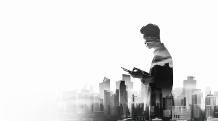 Double exposure of businessman in office,office building background