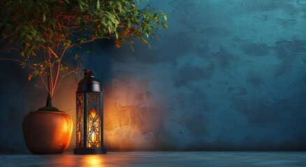Lit Lantern Beside Potted Plant on Table