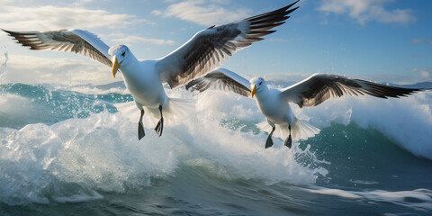 Two albatrosses gliding effortlessly over ocean waves, their synchronized flight showcasing a timeless bond forged in the vastness of the sea.  - obrazy, fototapety, plakaty