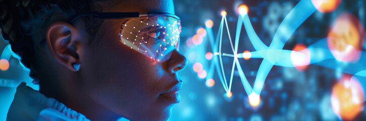 Futuristic DNA Analysis with Augmented Reality Interface. Woman using AR to interact with DNA strands in a high-tech lab.
