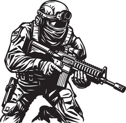 Tactical Guardian Assault Rifle Soldier Emblem Vigilant Defender Military Rifle Logo Design