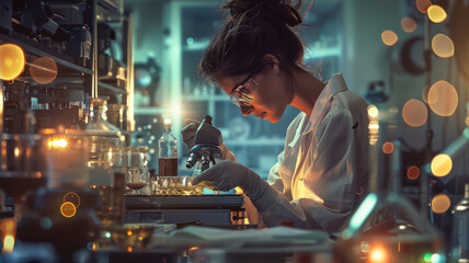Midnight Illumination: Scientific Exploration. A scientist intently examines samples under a microscope, surrounded by the ethereal glow of laboratory lights.