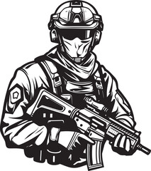 Strategic Guardian Military Rifle Logo Design Battle Guardian Soldier Holding Assault Weapon Symbol