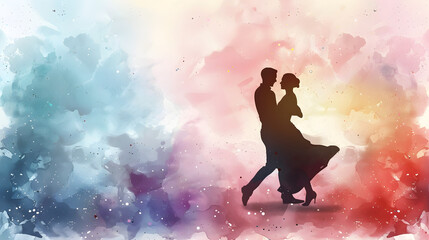 Silhouetted couple performing dance on watercolor background with copy space, perfect for promoting world dance day or any artistic event.
