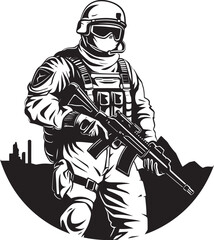 Sentinel Security Military Rifle Vector Icon Rifle Warrior Soldier with Assault Rifle Emblem