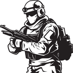 Fototapeta premium Tactical Troop Assault Rifle Vector Symbol Vigilant Vanguard Soldier with Weapon Logo