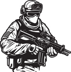 Tactical Taskforce Soldier Holding Rifle Symbol Sentinel Security Military Rifle Vector Icon