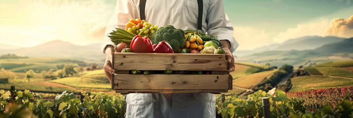Tuscan Chef Presenting Fresh Vegetables. A chef in a white coat presents a wooden crate full of fresh, vibrant vegetables, set against the picturesque rolling hills of a Tuscan vineyard at sunset.