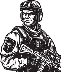 Strategic Sentinel Soldier with Rifle Battle Ready Assault Rifle Vector Emblem
