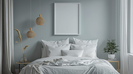 Minimalist bedroom with mockup frame. Suitable for showcasing design mockups and simple, serene bedroom aesthetics.
