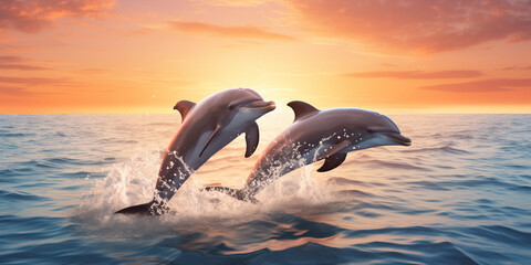 A group of dolphins leaping joyfully in unison, their synchronized jumps creating a mesmerizing display of aquatic grace. 