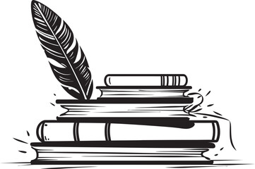 Writers Repository Quill and Books Emblem Classic Quill Vintage Book Stack Logo