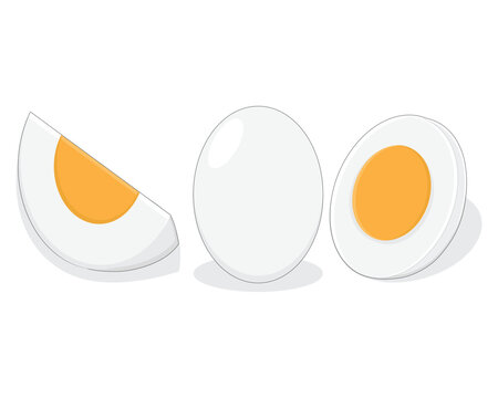 vector design of three white eggs with yellow and orange contents where the left half of the egg is cut, the middle is still round, the right is cut in two halves