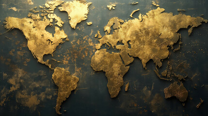 Textured gold world map for luxurious global presentation. Fits themes of wealth, travel, and international business.