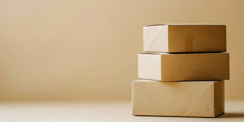 Photo of cardboard boxes stacked on top of each other on a neutral background