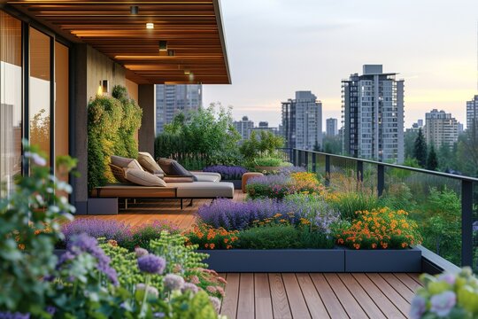 Contemporary urban rooftop garden with raised planters and city views,8k, High quality image, --ar 3:2 --stylize 250 --v 6 Job ID: ce705b76-51c3-43a3-a679-8112ff4abeb3