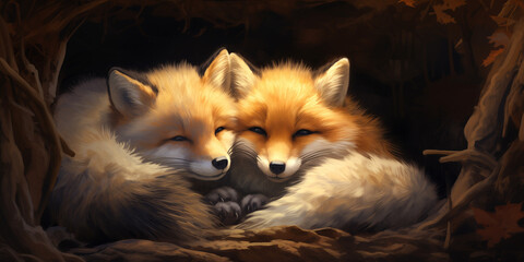  Two foxes curled up together in a cozy den, their bushy tails intertwined as they share warmth and affection.  - obrazy, fototapety, plakaty