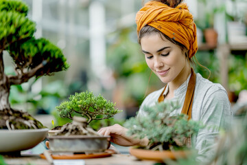 Portrait of Woman With Brown Headscarf. Clean green plants in the garden center, wearing an apron while tending to bonsai trees at the plant shop.light, sunny day.