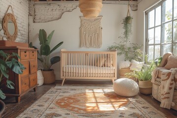 Boho chic nursery with macrame accents and natural materials,8k, High quality image, --ar 3:2 --stylize 250 --v 6 Job ID: ca49f12d-2e49-4287-9d29-147da0176379 - obrazy, fototapety, plakaty