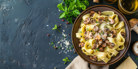 Plantbased recipe pasta with mushrooms and cheese on table. Copy space. Generative AI