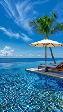 A beautiful beach scene with a pool and a palm tree. The pool is surrounded by a white umbrella and a lounge chair. The water is crystal clear and the sky is blue with some clouds