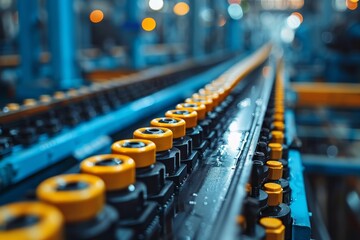 Obraz premium An industrial conveyor belt with distinct yellow rollers in a manufacturing unit