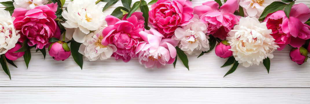 A stunning bouquet of pink and white peonies on a wooden table. Copy space. Generative AI