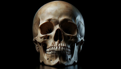 A human skull on a pitch black background