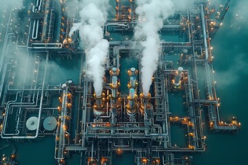 An expansive overhead shot of a complex industrial plant with a network of pipes and smoke discharging