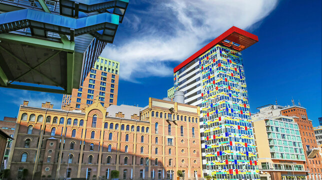 D&uuml;sseldorf (Medienhafen), Germany - March 1. 2023: Futuristic architecture in german harbor with Colorium and PVH brands building