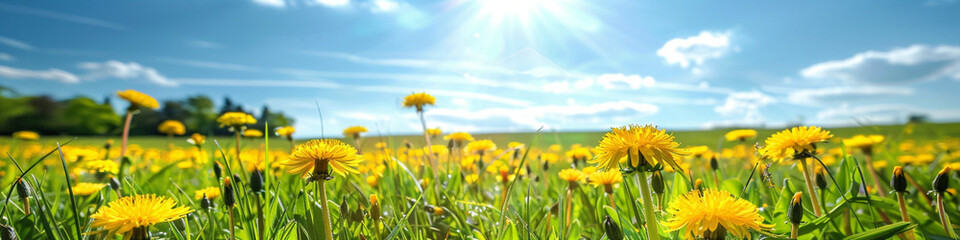 Beautiful flowers of yellow dandelions in nature in warm summer or spring on meadow in sunlight, macro. Long horizontal banner. Nature floral background in summer.